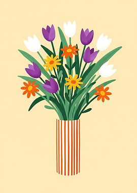 Vase of Colorful Tulips and Daisies