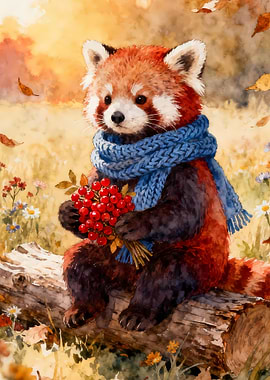 Cute Red Panda with Berries and Scarf