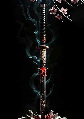 Ornate Katana with Cherry Blossoms and Smoke