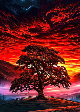 Fiery Sunset Over a Lone Tree