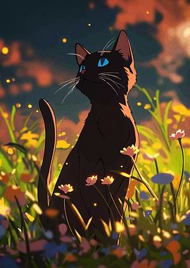 Black Cat in a Field of Flowers