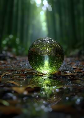 Crystal ball in forest puddle
