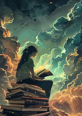 Girl Reading on Stack of Books in Clouds