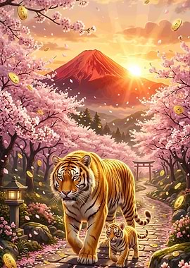 Tigers under Cherry Blossoms with Mount Fuji
