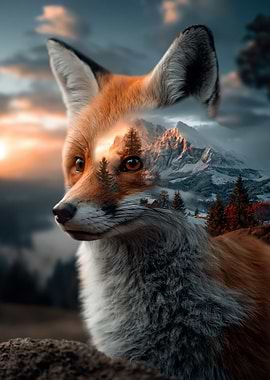 Fox with Mountain Landscape Overlay