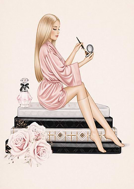 Woman Applying Makeup on Stack of Books