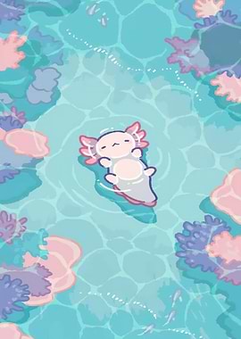 Cute Axolotl Floating in Coral Reef