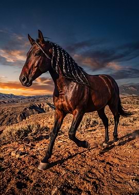 Majestic Horse Running in Desert Landscape