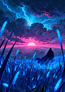 Mysterious Figure in a Neon Landscape