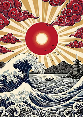 Japanese Wave and Sun Art