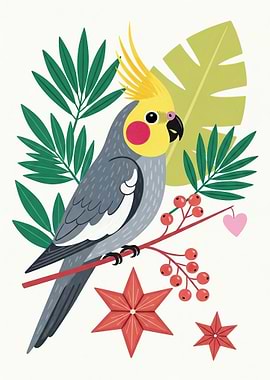 Cockatiel Bird with Tropical Leaves and Berries