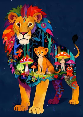 Magical Lion and Cub in Enchanted Forest