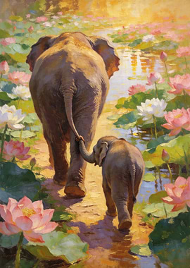 Mother and Baby Elephant in Lotus Pond