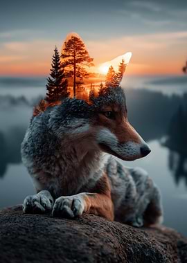 Wolf with Forest Sunset Overlay