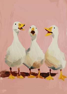 Three Geese Talking on Pink Background