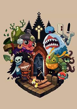 Fantasy Creatures Gather at Gothic Entrance