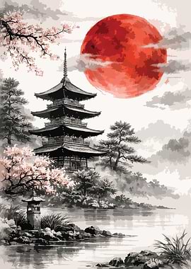 Japanese Pagoda Under a Red Moon