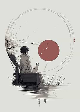 Anime girl and cat by the water