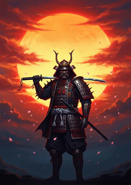 Samurai Warrior Under a Blood Moon