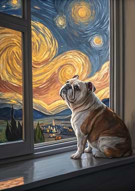 Bulldog Gazing at Starry Night Sky