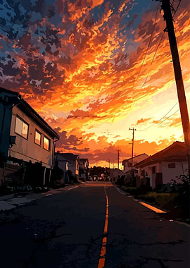 Anime Sunset Over Suburban Street