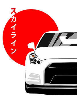 White Nissan GT-R with Japanese Sun