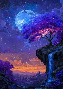 Enchanted Night Landscape with Waterfall