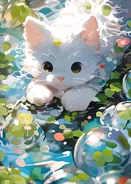 Cute White Kitten in Water
