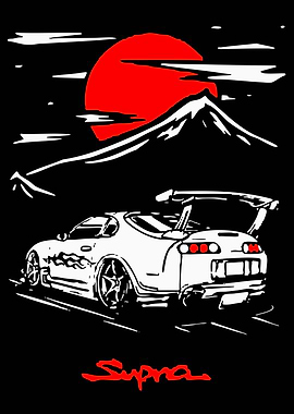 White Supra with Red Sun and Mountains