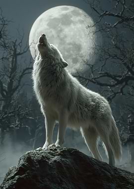 White Wolf Howling at the Moon