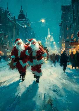 Two Santas walking in a snowy city
