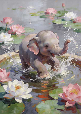 Baby elephant playing in water with lilies