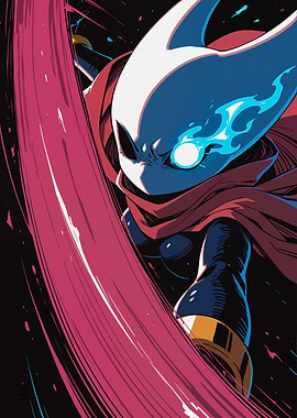 Character with glowing eyes and red cape