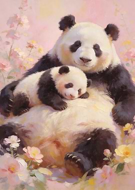 Mother and Baby Panda in Flowers