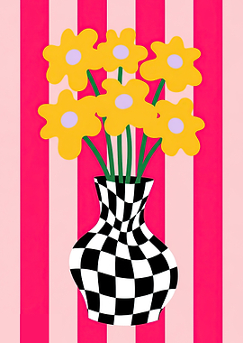 Whimsical Flowers in a Checkerboard Vase