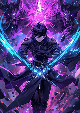 Anime warrior with glowing swords