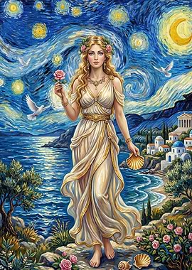 Aphrodite in a Starry Night Landscape