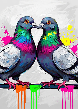 Two Pigeons Kissing with Splatter Paint