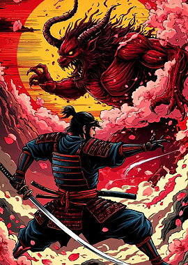 Samurai Fighting a Demon