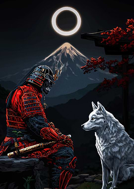 Samurai and Wolf Under Mount Fuji