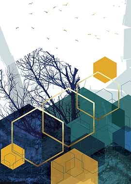 Geometric Landscape with Birds