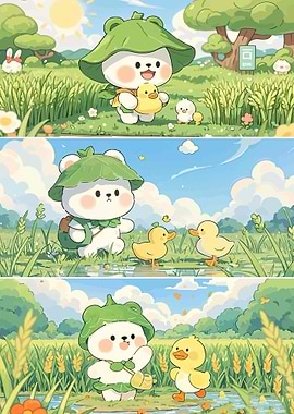 Cute Bear and Ducklings in Nature