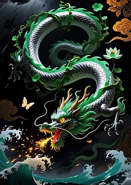 Dragon Breathing Fire Over Waves