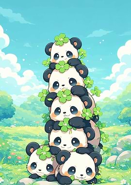 Stack of Cute Pandas with Clover