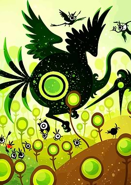 Whimsical Green Bird Creatures in a Sprout Field