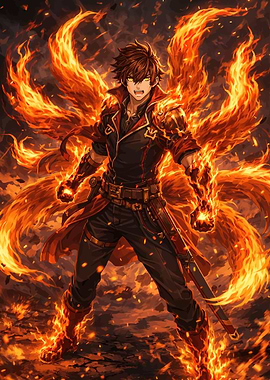Fiery Anime Character with Nine Tails