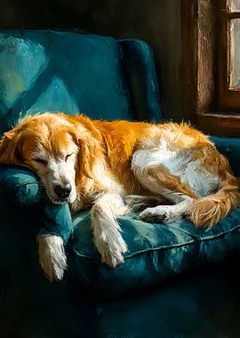 Golden Retriever Dog Sleeping on Teal Armchair