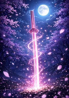 Enchanted Katana Under a Full Moon