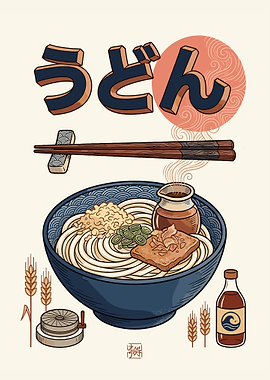 Udon Noodles with Chopsticks and Soy Sauce