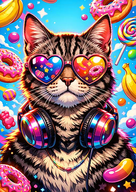 Cool Cat with Heart Sunglasses and Headphones